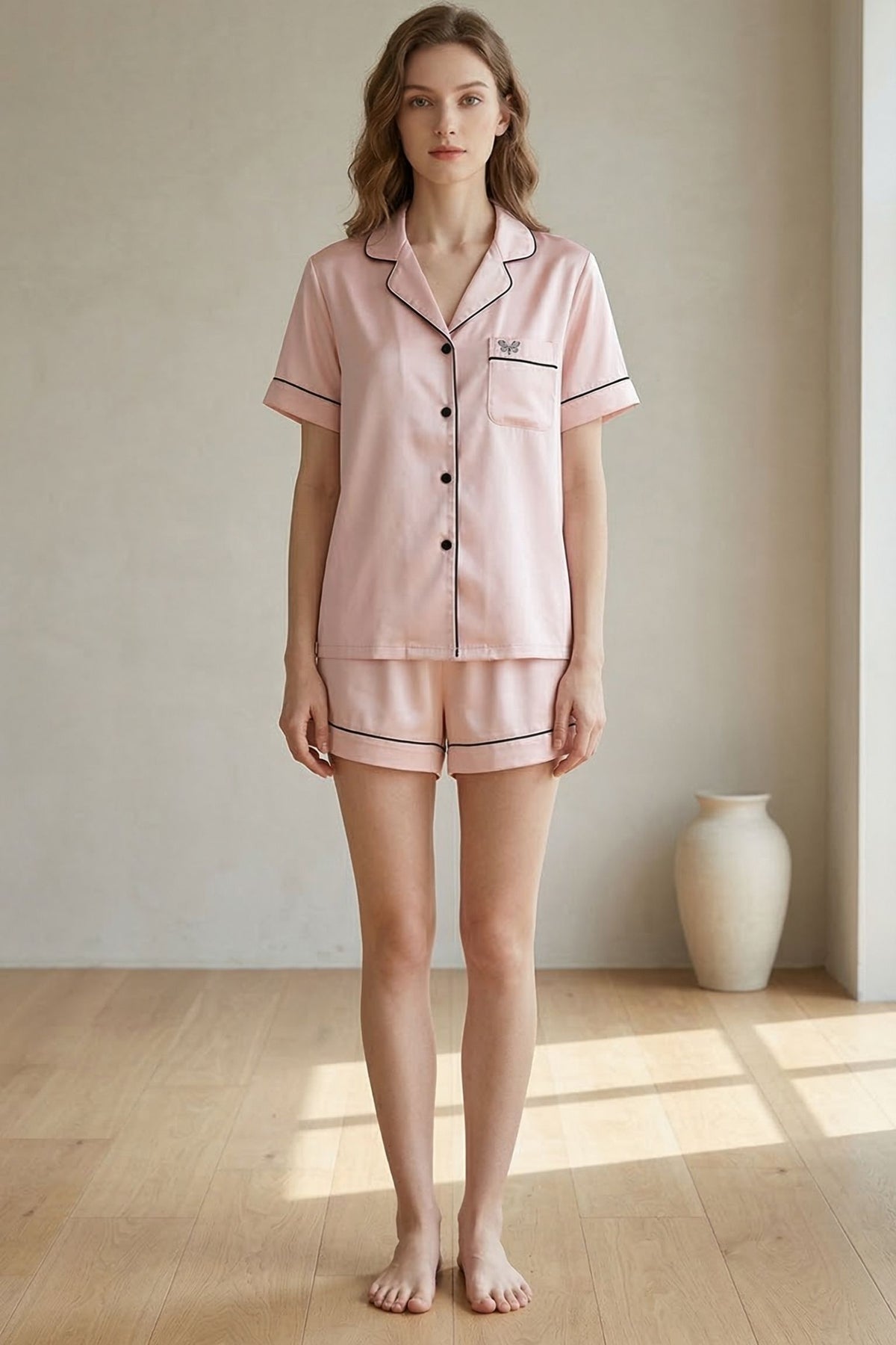 Pyjama Court en Soie de Mûrier — Ensemble Chemise Manches Courtes et Short