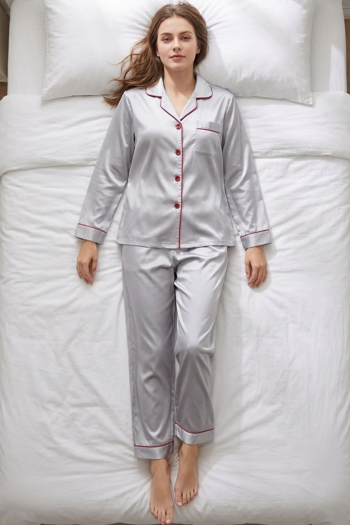 Pyjama en Soie de Mûrier avec Biais Contrasté Argent | Ensemble de Nuit Luxe