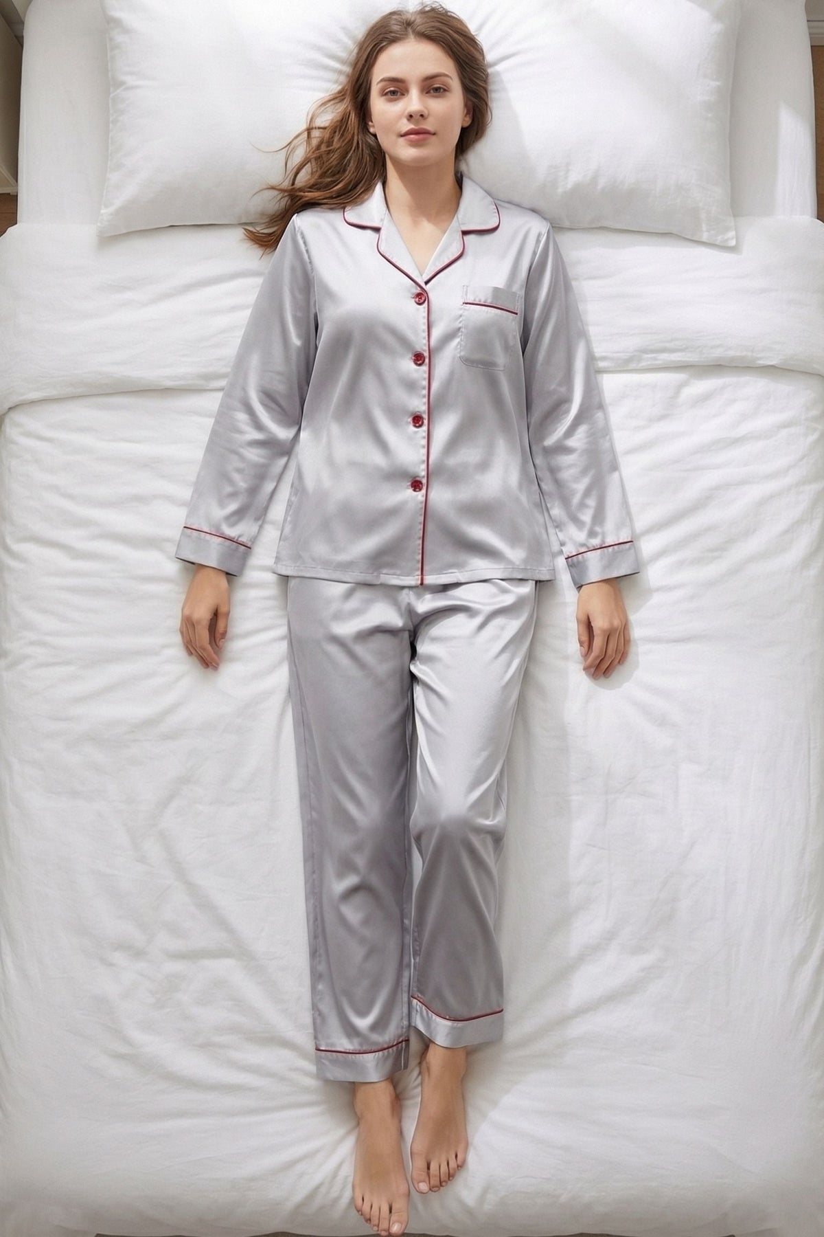 Pyjama en Soie de Mûrier avec Biais Contrasté Argent | Ensemble de Nuit Luxe
