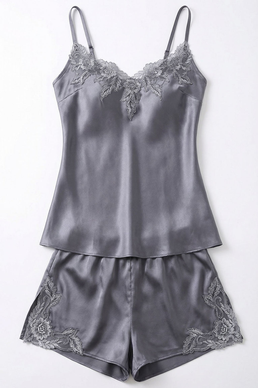Ensemble Cami & Short en Soie de Mûrier avec Dentelle Florale Gris
