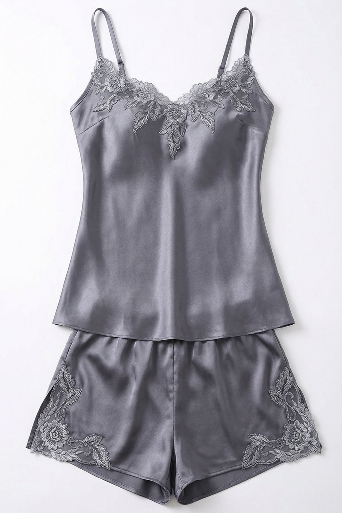 Ensemble Cami & Short en Soie de Mûrier avec Dentelle Florale Gris