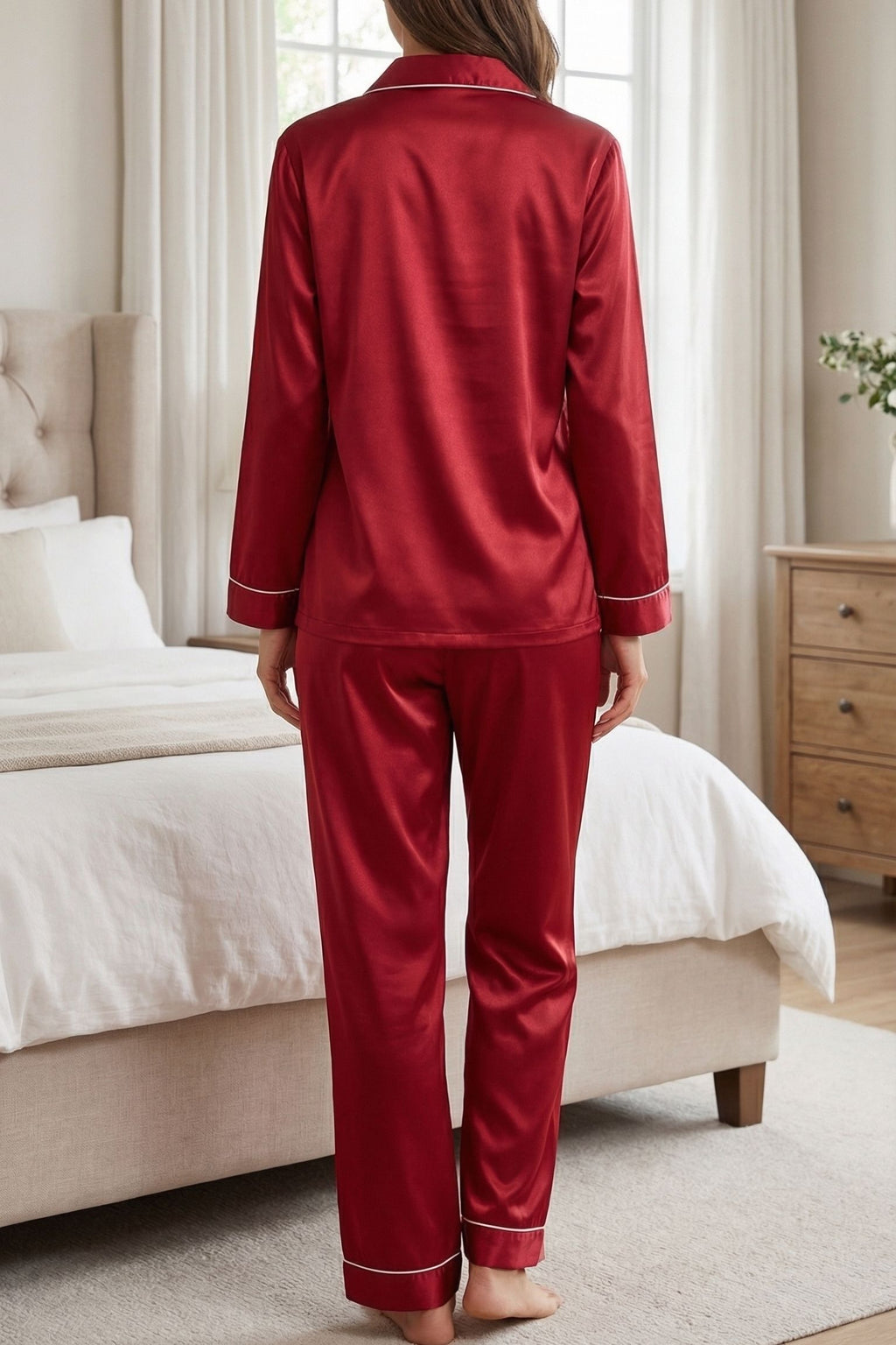 Pyjama en Soie de Mûrier avec Biais Contrasté Rouge | Ensemble de Nuit Luxe