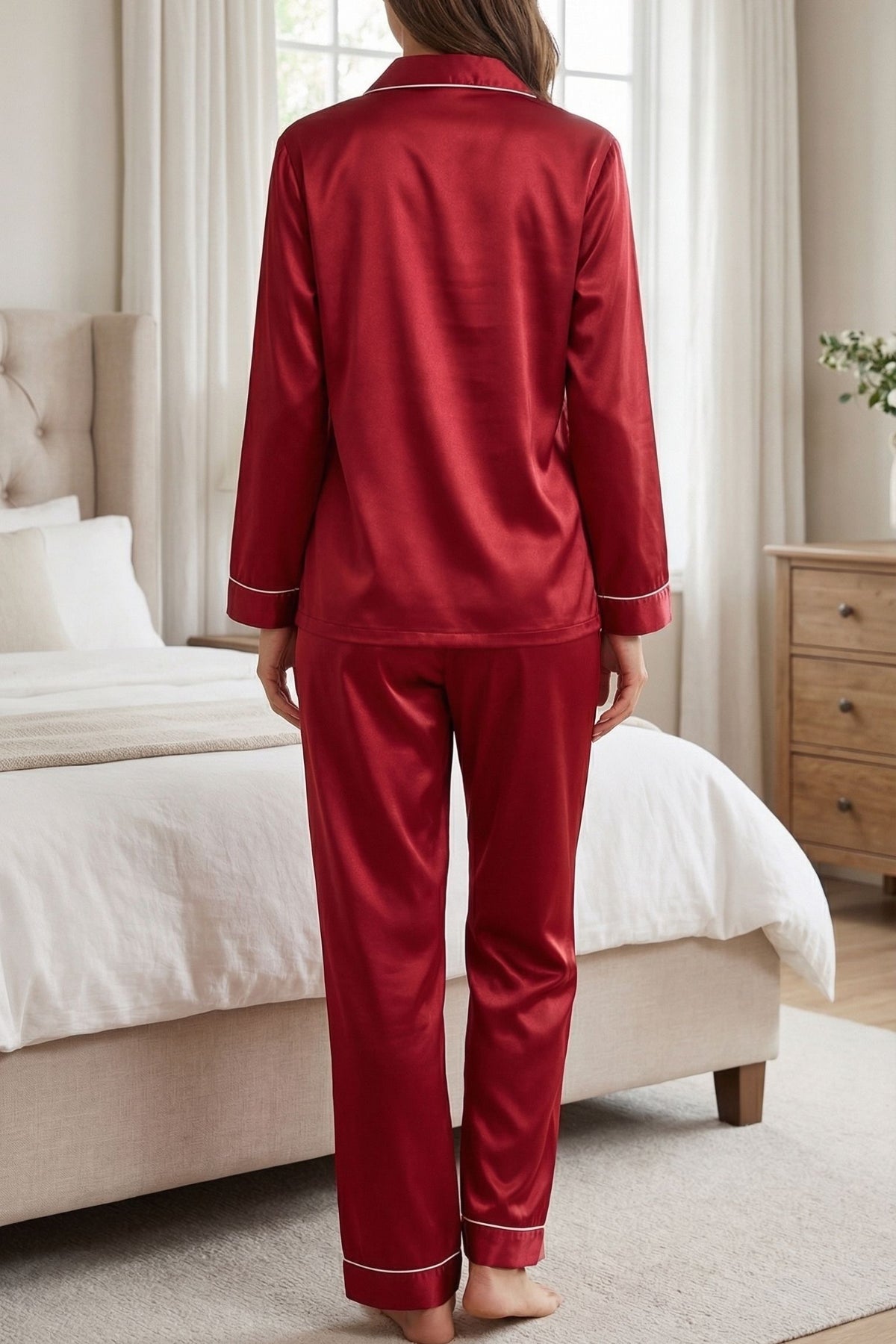 Pyjama en Soie de Mûrier avec Biais Contrasté Rouge | Ensemble de Nuit Luxe