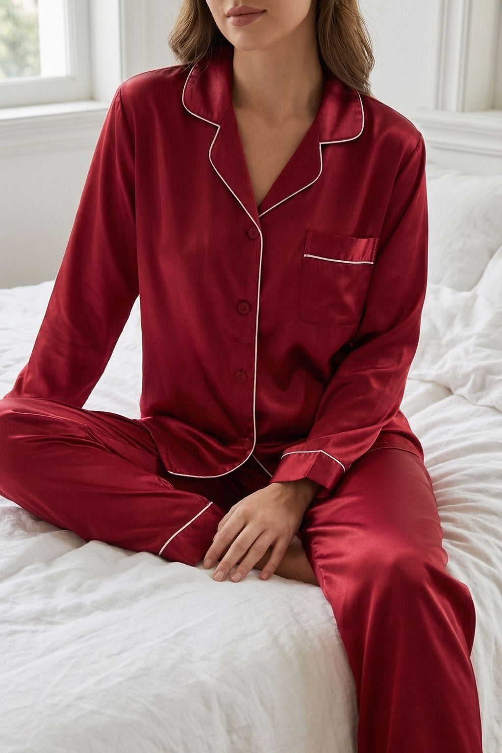 Pyjama en Soie de Mûrier avec Biais Contrasté Rouge | Ensemble de Nuit Luxe