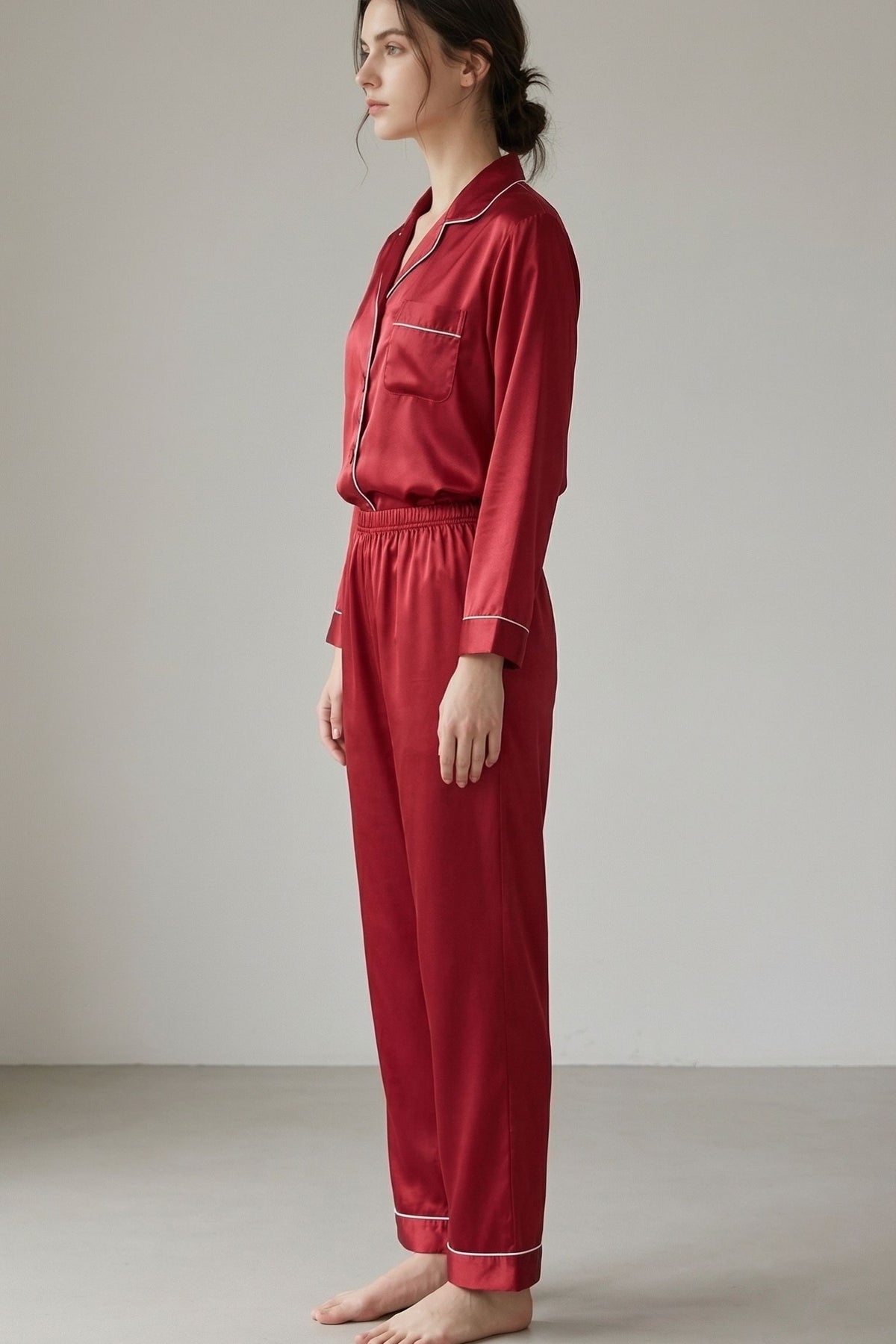 Pyjama en Soie de Mûrier avec Biais Contrasté Rouge | Ensemble de Nuit Luxe