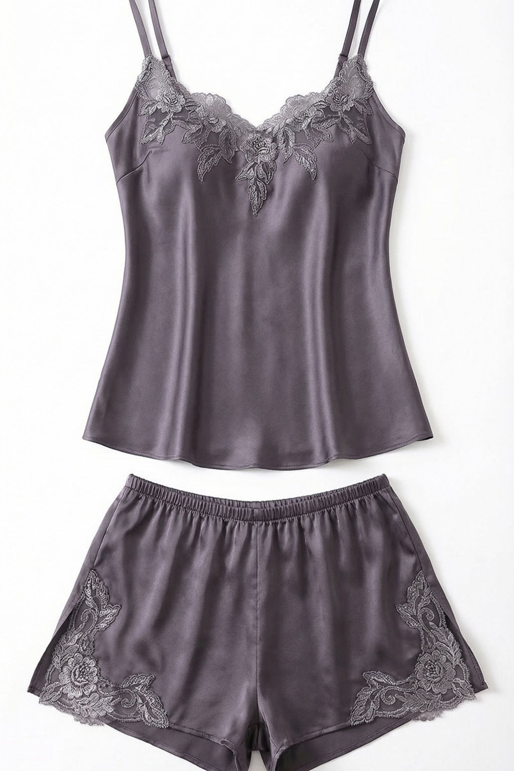 Ensemble Cami & Short en Soie de Mûrier avec Dentelle Florale Gris Mauve