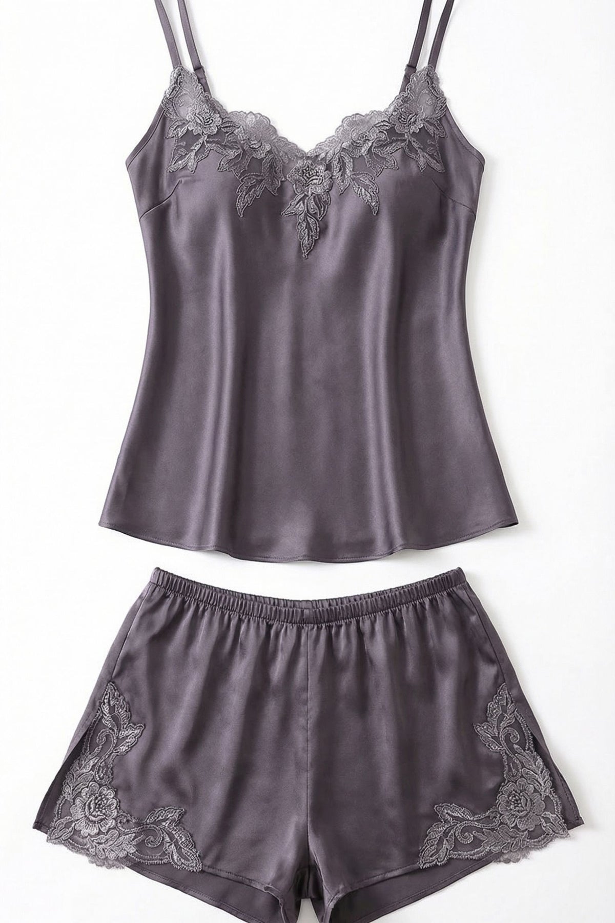 Ensemble Cami & Short en Soie de Mûrier avec Dentelle Florale Gris Mauve