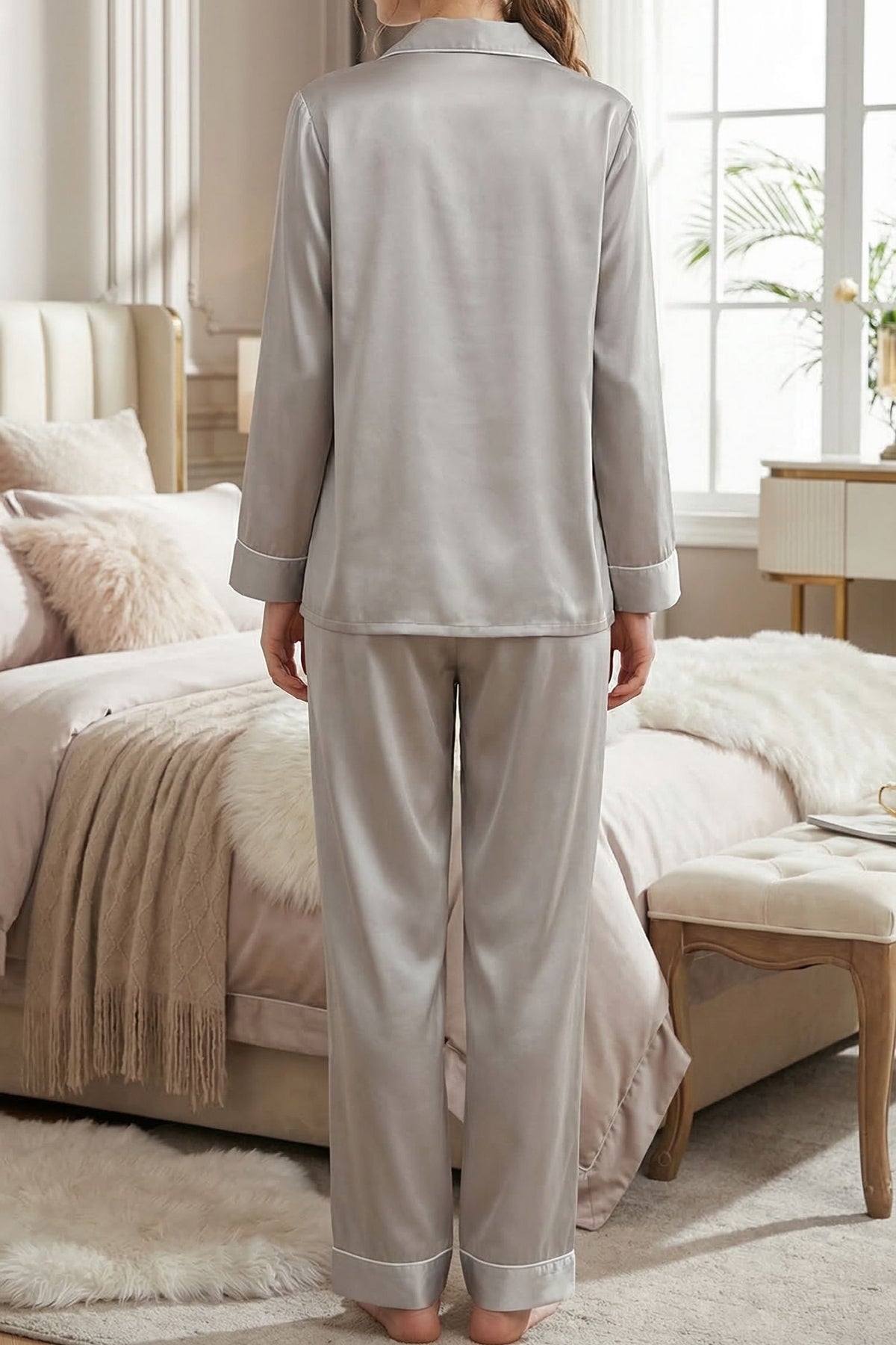 Pyjama en Soie de Mûrier Gris – Ensemble Long Classique