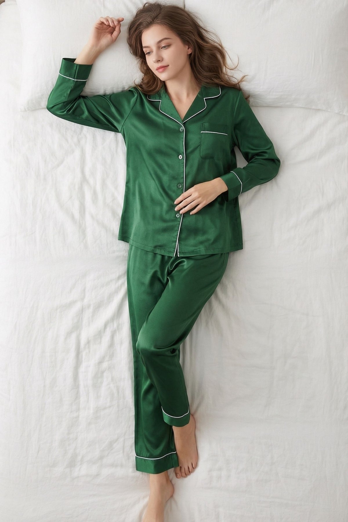 Pyjama en Soie de Mûrier avec Biais Contrasté Vert - Ensemble de Nuit Luxe