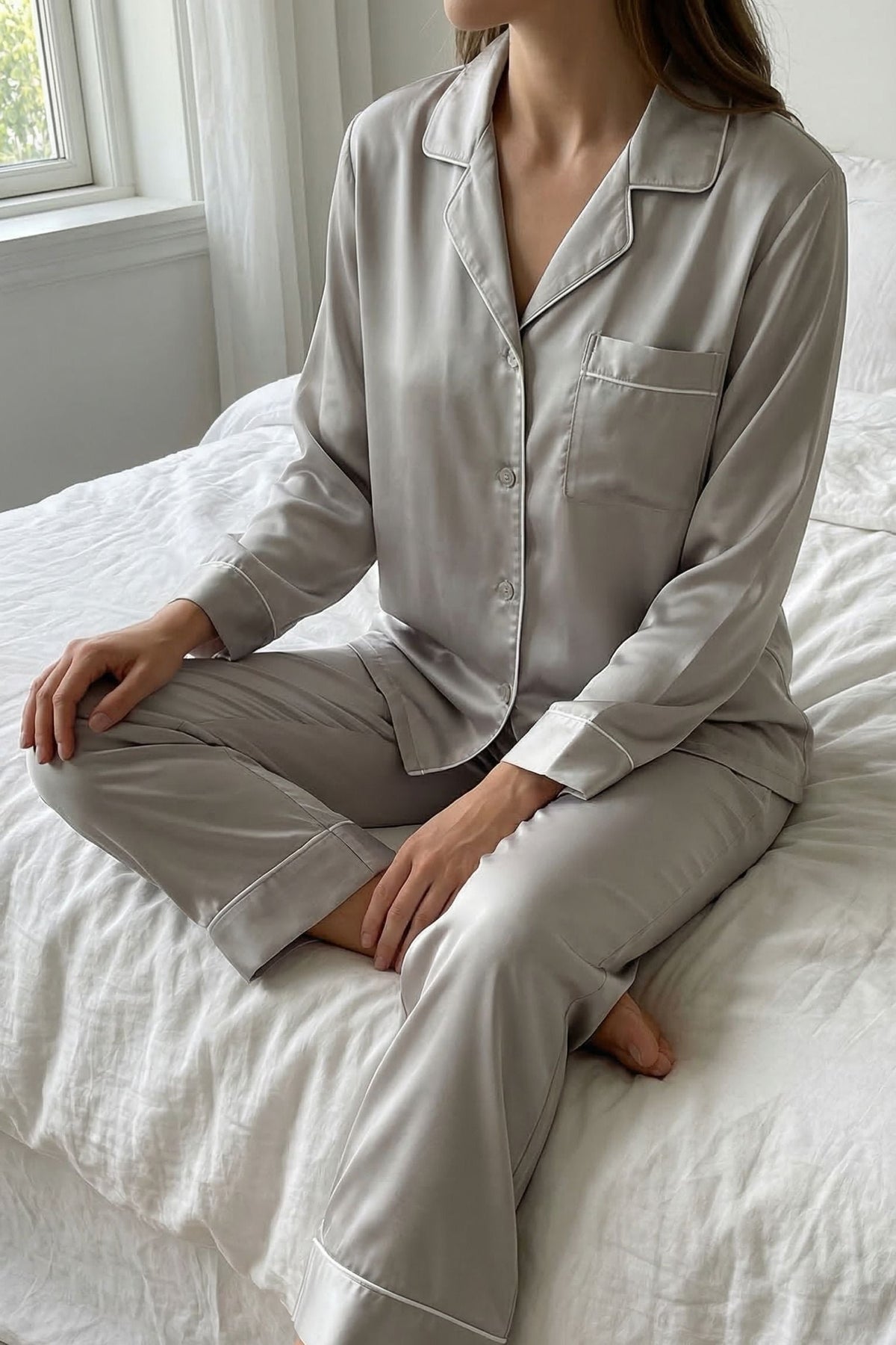Pyjama en Soie de Mûrier Gris – Ensemble Long Classique