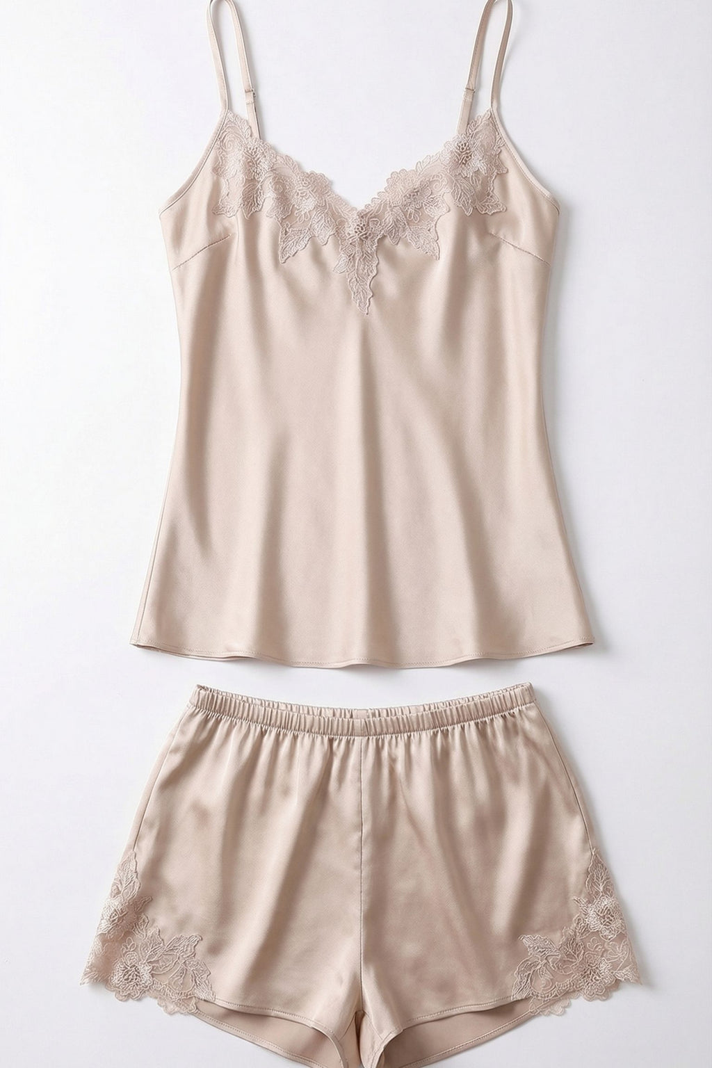 Ensemble Cami & Short en Soie de Mûrier avec Dentelle Florale Beige