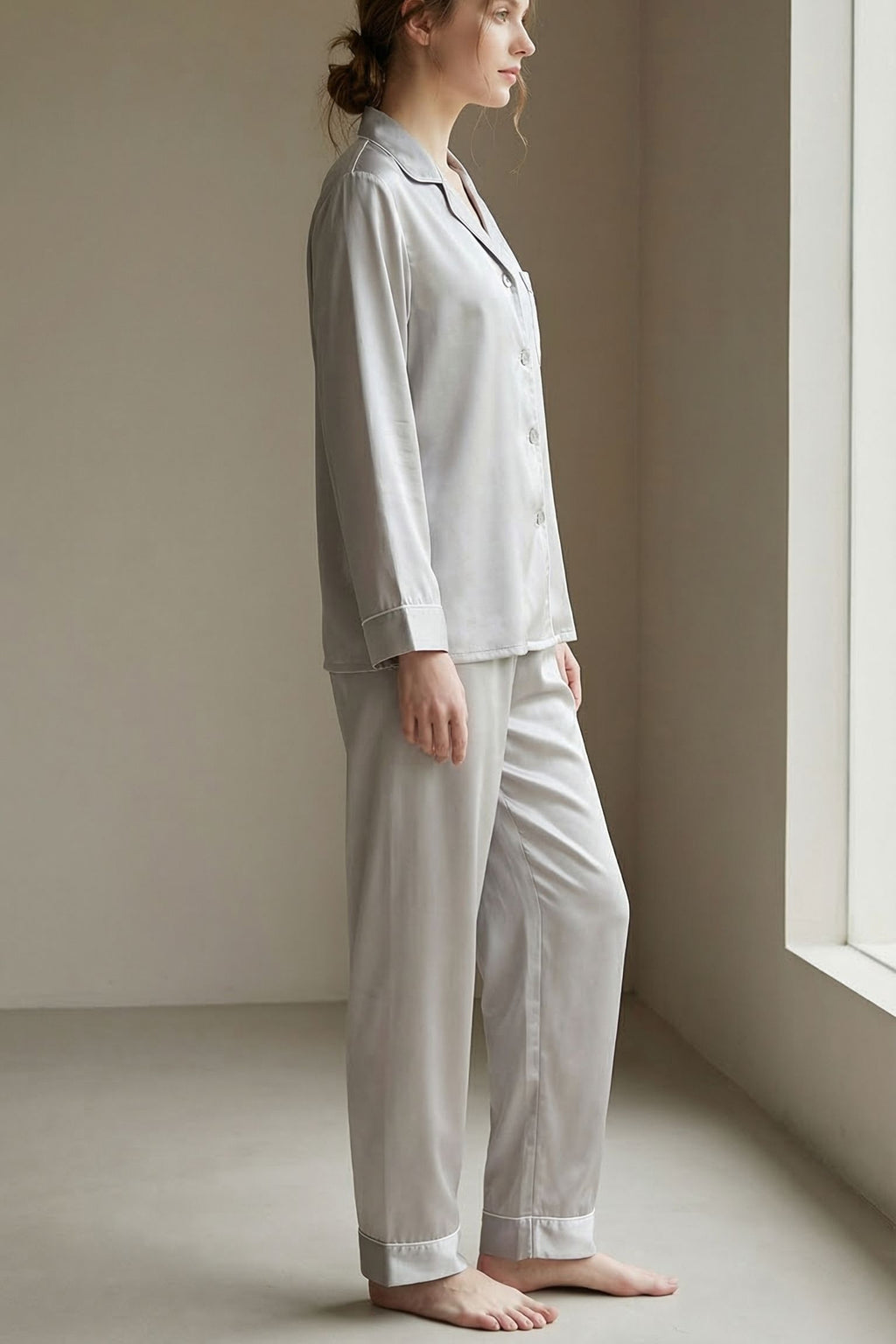 Pyjama en Soie de Mûrier Gris – Ensemble Long Classique