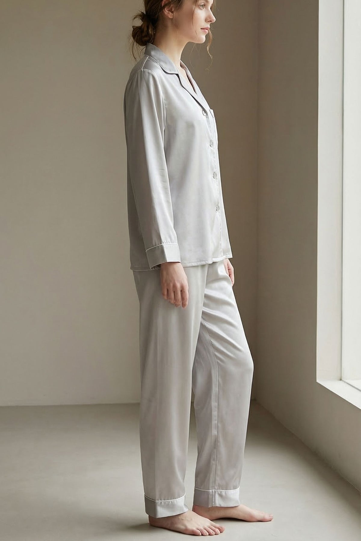 Pyjama en Soie de Mûrier Gris – Ensemble Long Classique