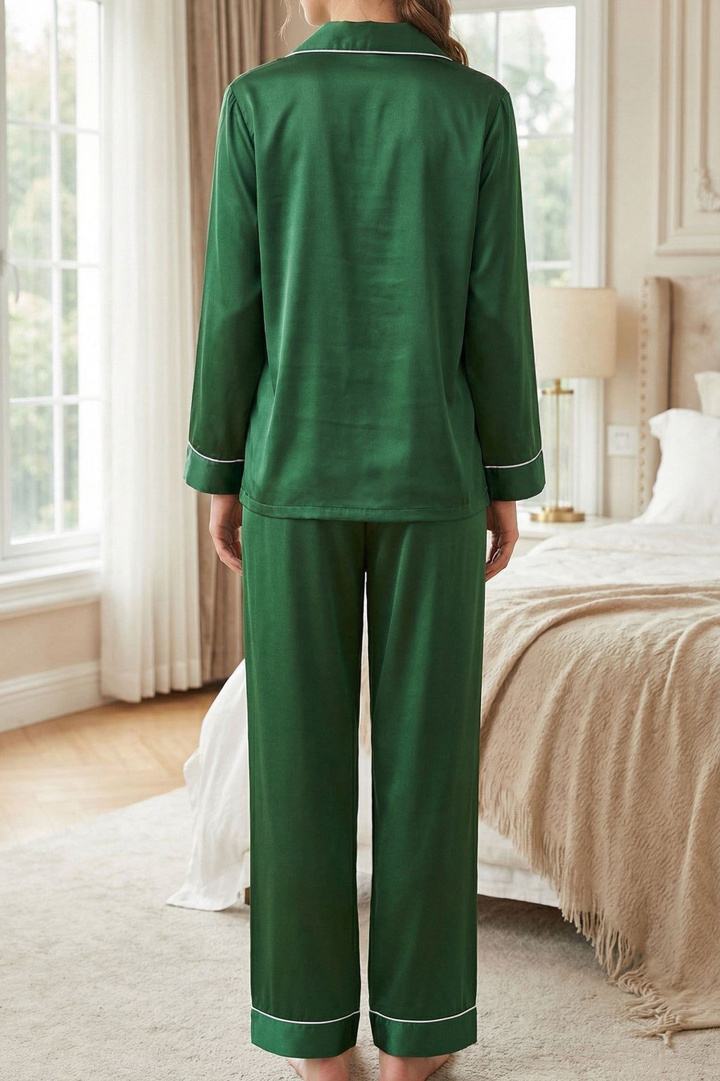 Pyjama en Soie de Mûrier avec Biais Contrasté Vert - Ensemble de Nuit Luxe