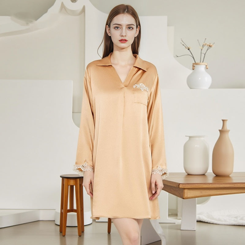 Nuisette en Soie de Mûrier avec Dentelle – Chemise de Nuit Luxueuse