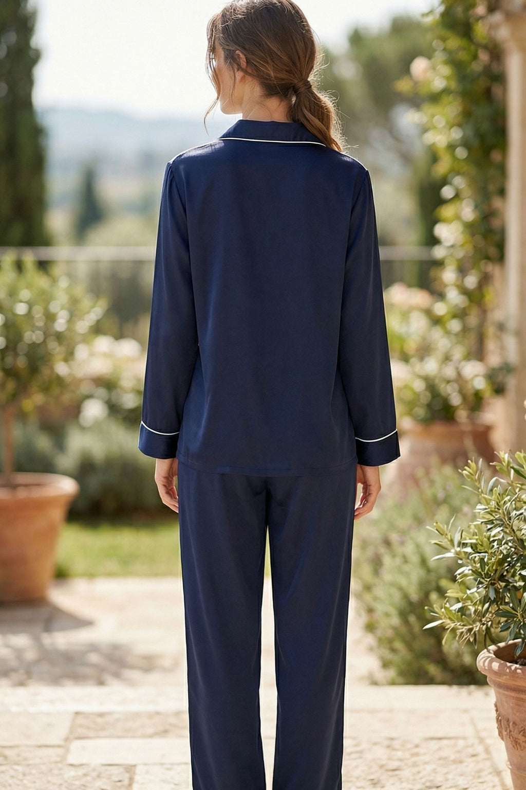 Pyjama en Soie de Mûrier Bleu Marin – Ensemble Long Classique