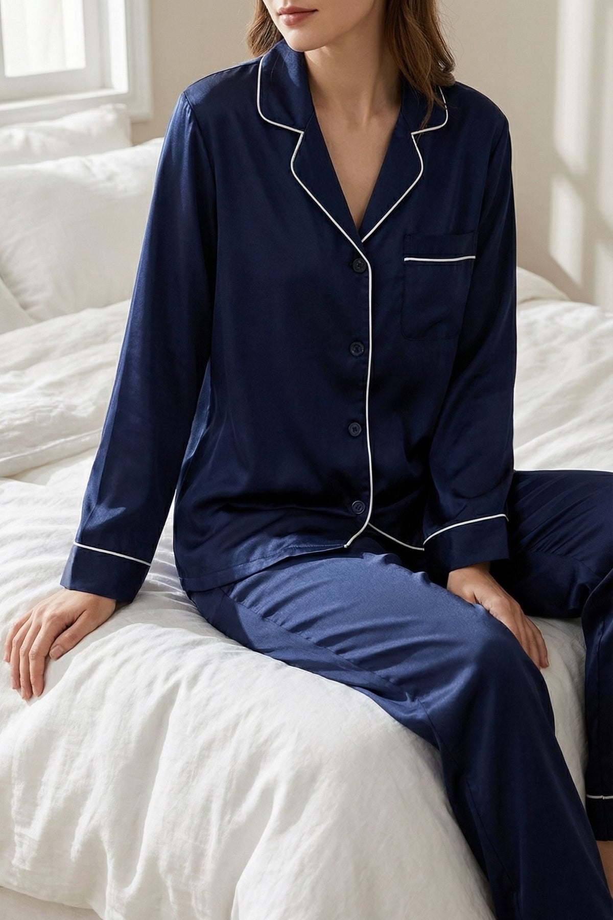 Pyjama en Soie de Mûrier Bleu Marin – Ensemble Long Classique