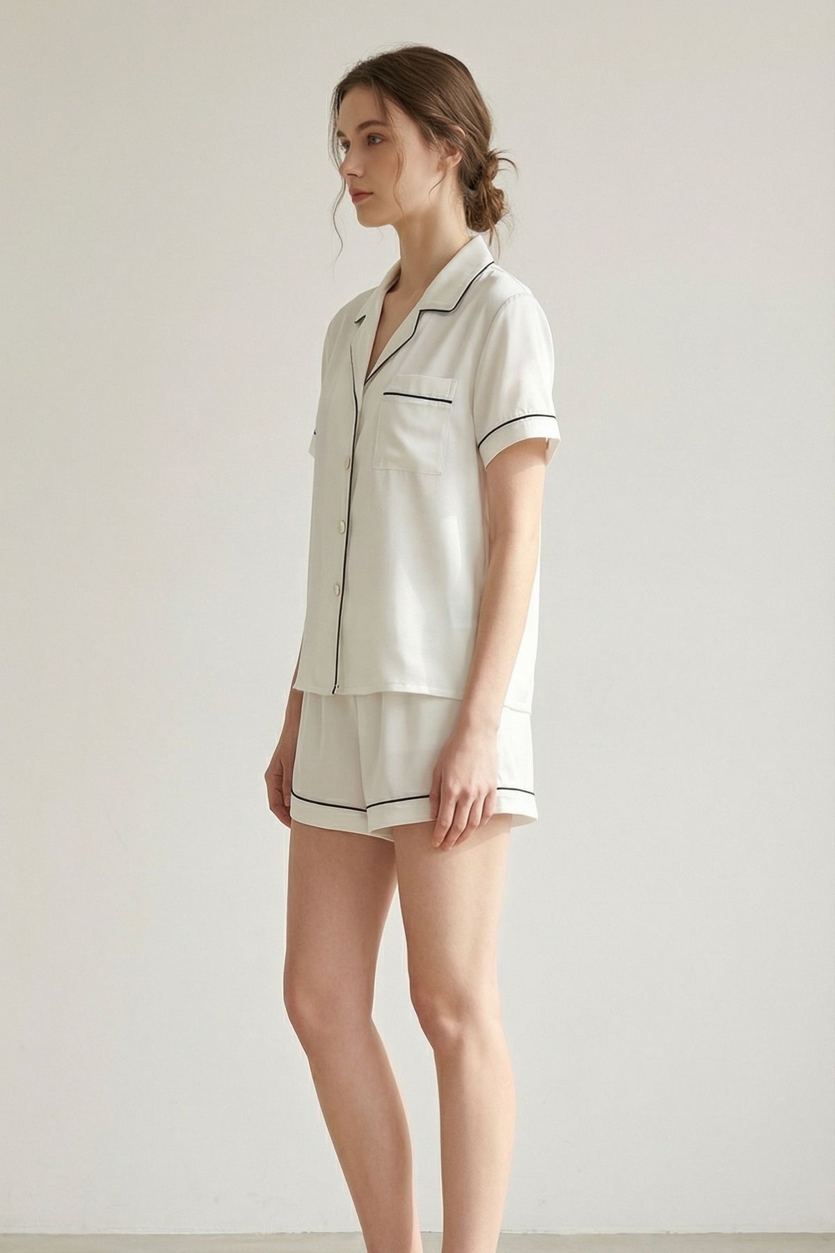 Pyjama Court en Soie de Mûrier Blanc – Ensemble Chemise et Short