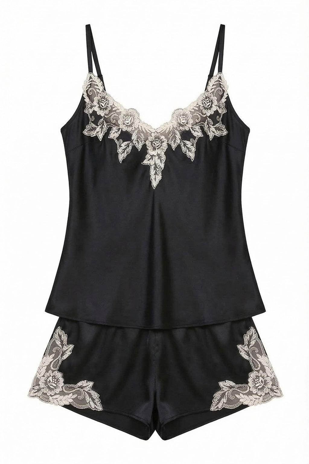 Ensemble Cami & Short en Soie de Mûrier avec Dentelle Florale Noir