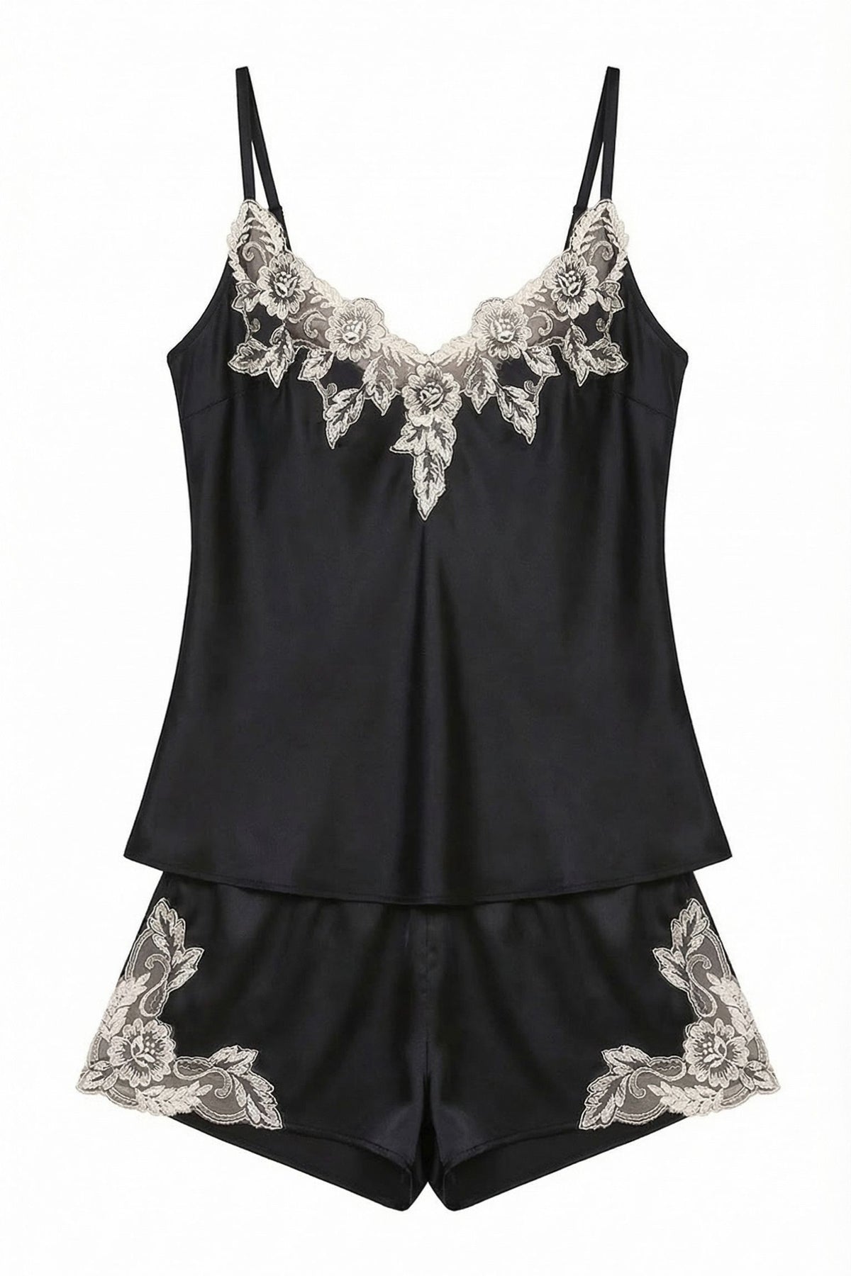 Ensemble Cami & Short en Soie de Mûrier avec Dentelle Florale Noir