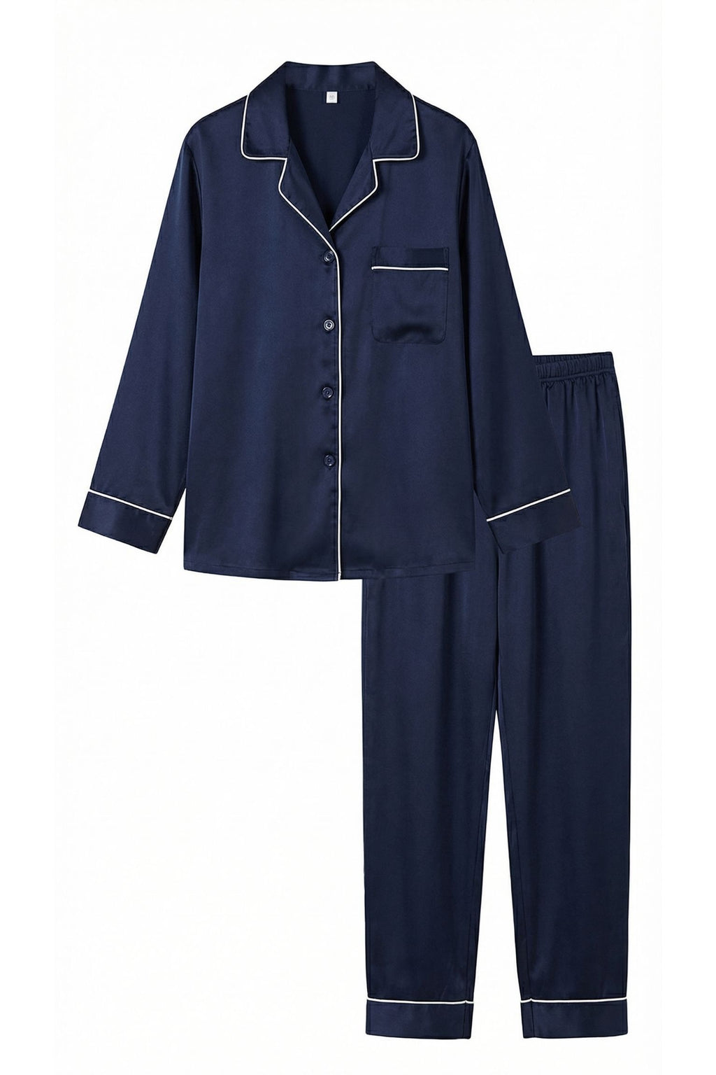 Pyjama en Soie de Mûrier Bleu Marin – Ensemble Long Classique