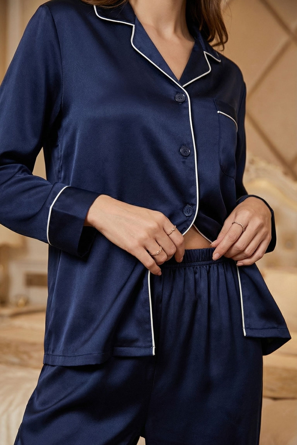 Pyjama en Soie de Mûrier Bleu Marin – Ensemble Long Classique
