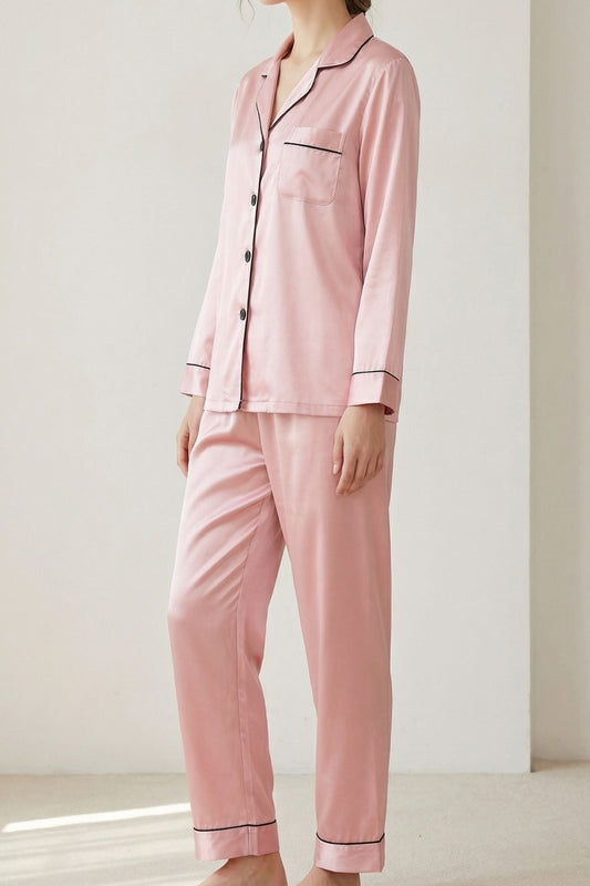 Pyjama en Soie de Mûrier avec Biais Contrasté Rose Fonce | Ensemble de Nuit Luxe