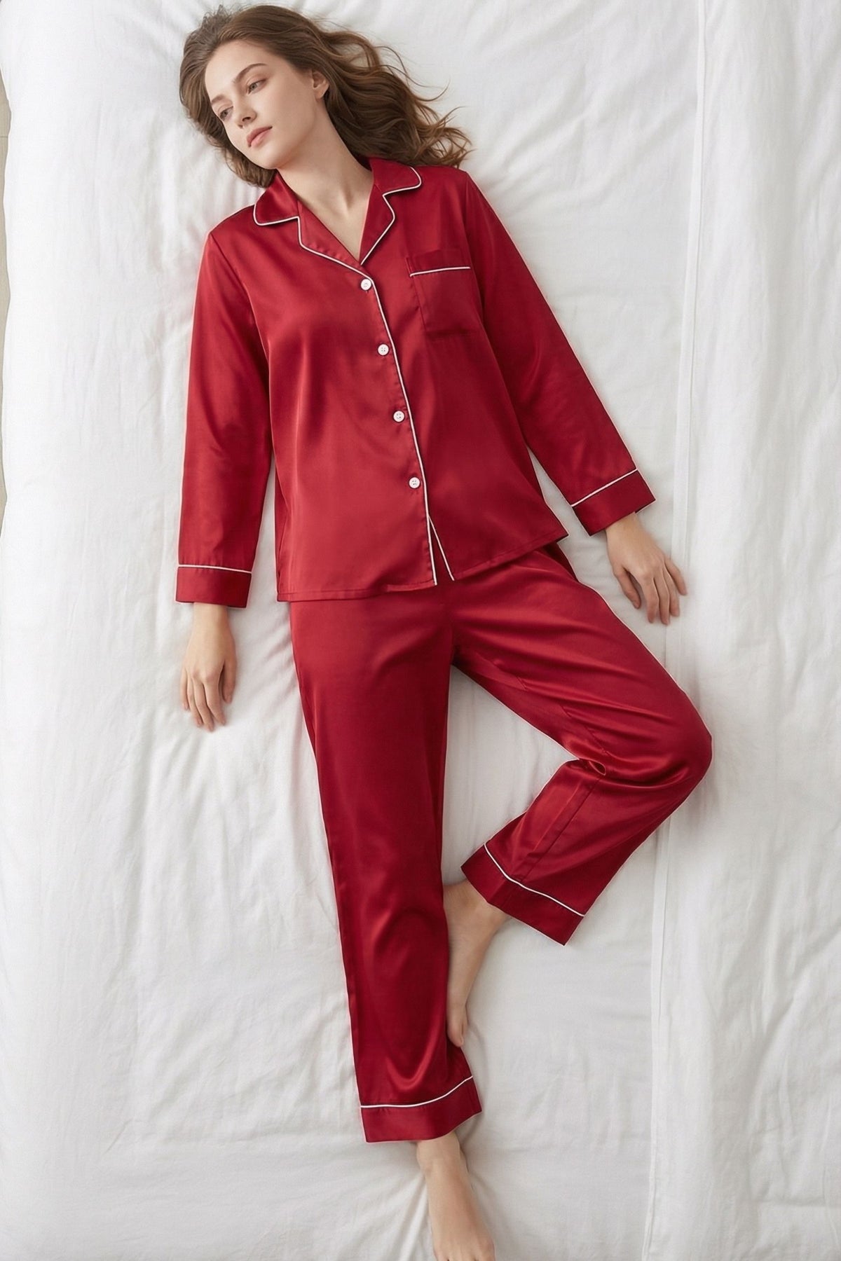 Pyjama en Soie de Mûrier Rouge Vin – Ensemble Long Classique