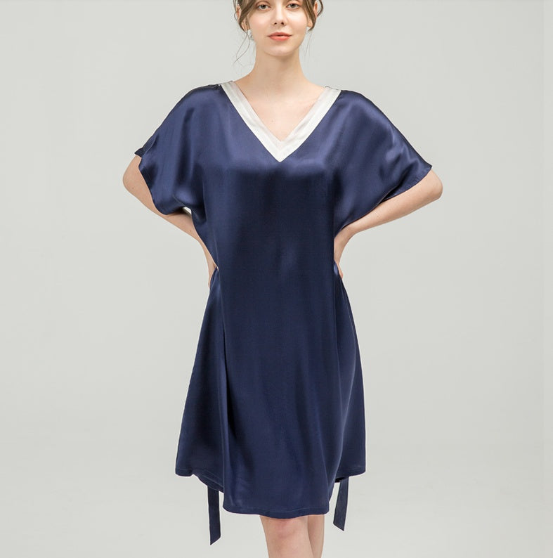Nuisette en Soie de Mûrier avec Ceinture Bleu Marin - Manches Kimono Col V