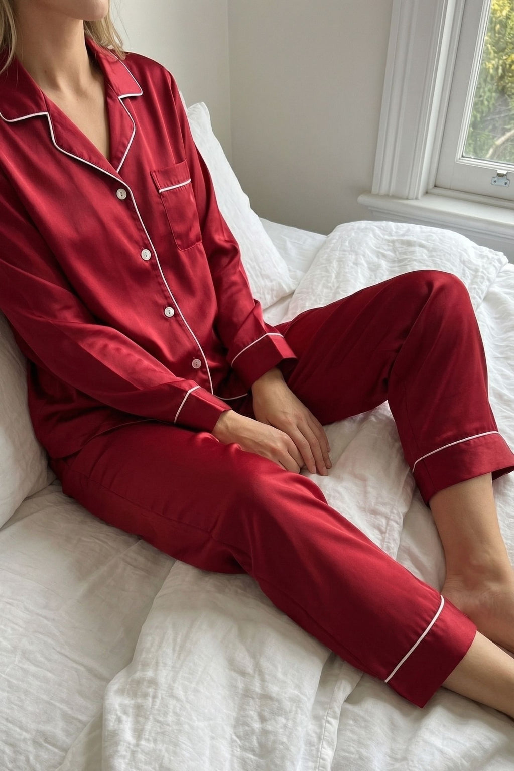 Pyjama en Soie de Mûrier Rouge Vin – Ensemble Long Classique