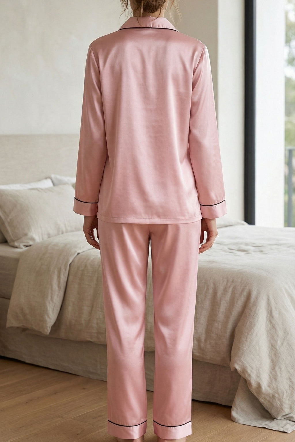 Pyjama en Soie de Mûrier avec Biais Contrasté Rose Fonce | Ensemble de Nuit Luxe