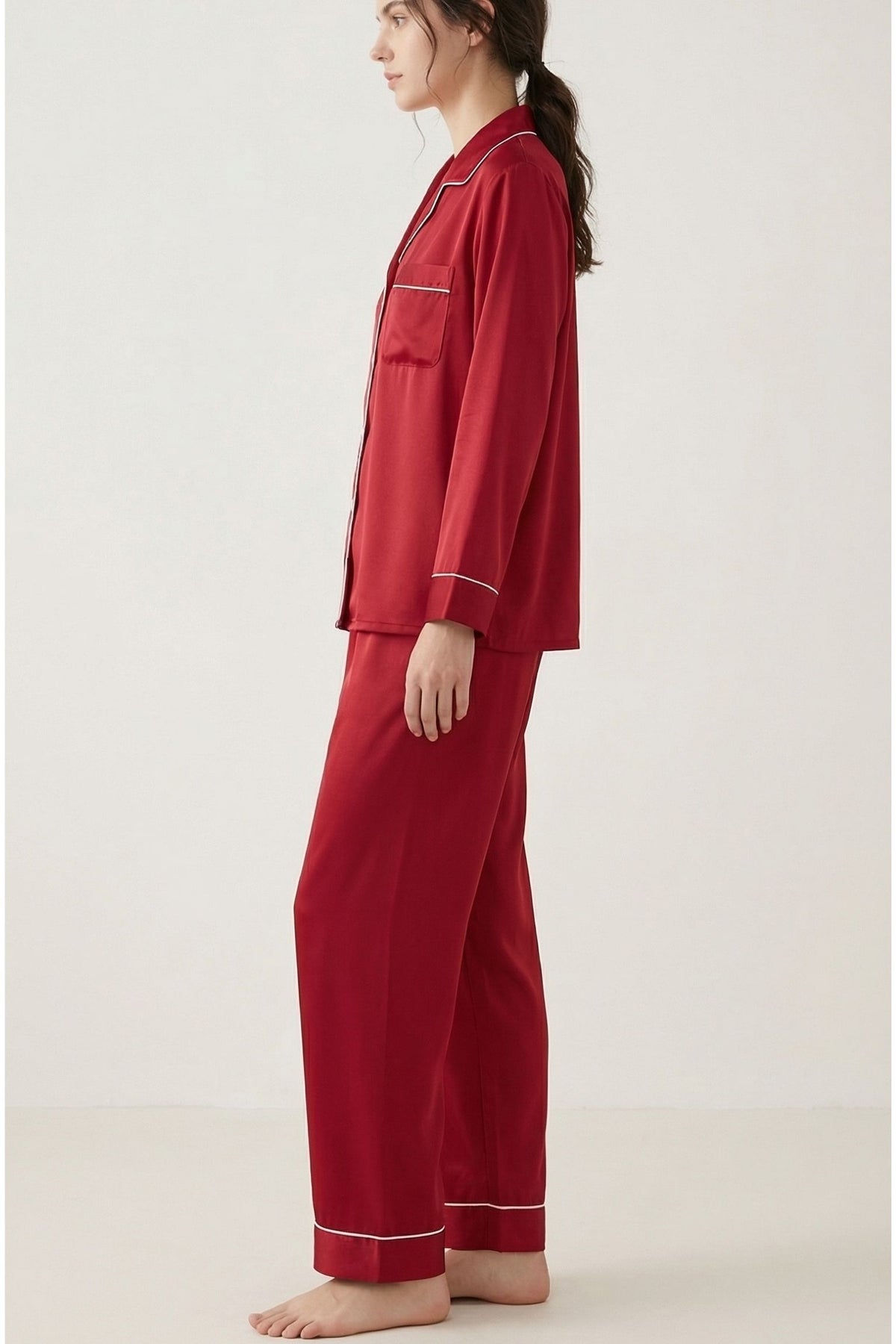 Pyjama en Soie de Mûrier Rouge Vin – Ensemble Long Classique