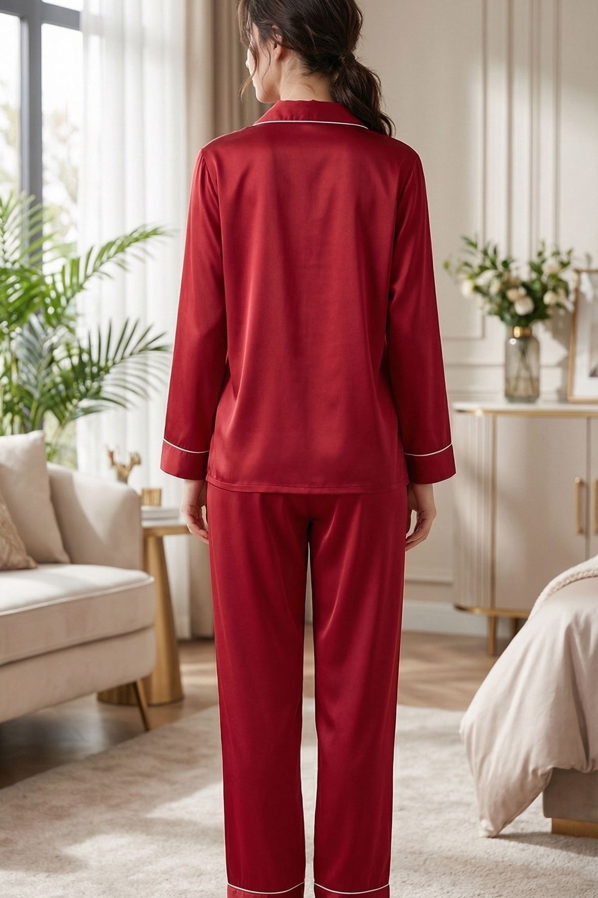 Pyjama en Soie de Mûrier Rouge Vin – Ensemble Long Classique