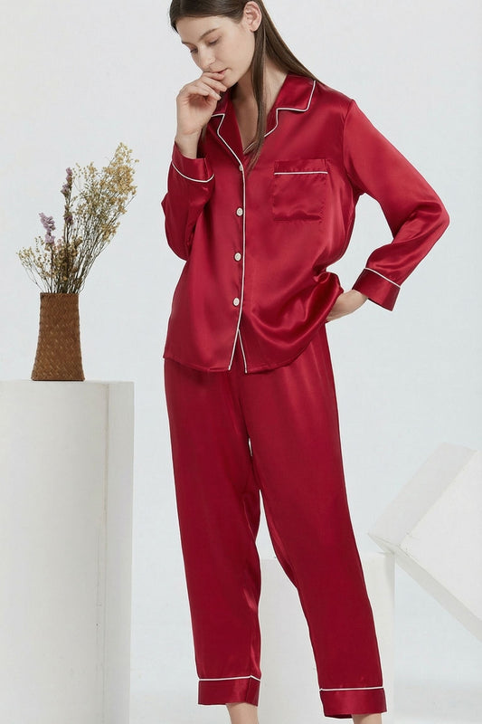 Pyjama en Soie de Mûrier Rouge Vin – Ensemble Long Classique