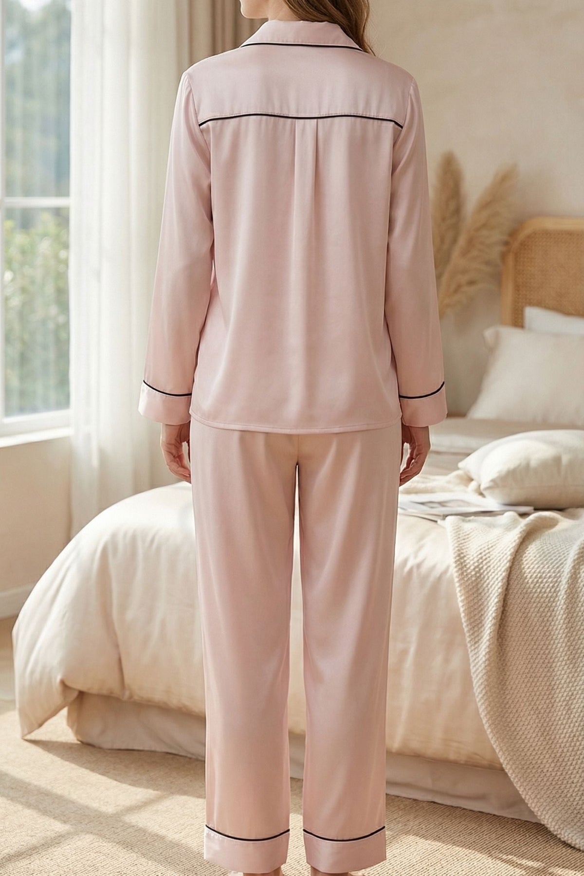 Pyjama en Soie de Mûrier Rose – Ensemble Long Classique