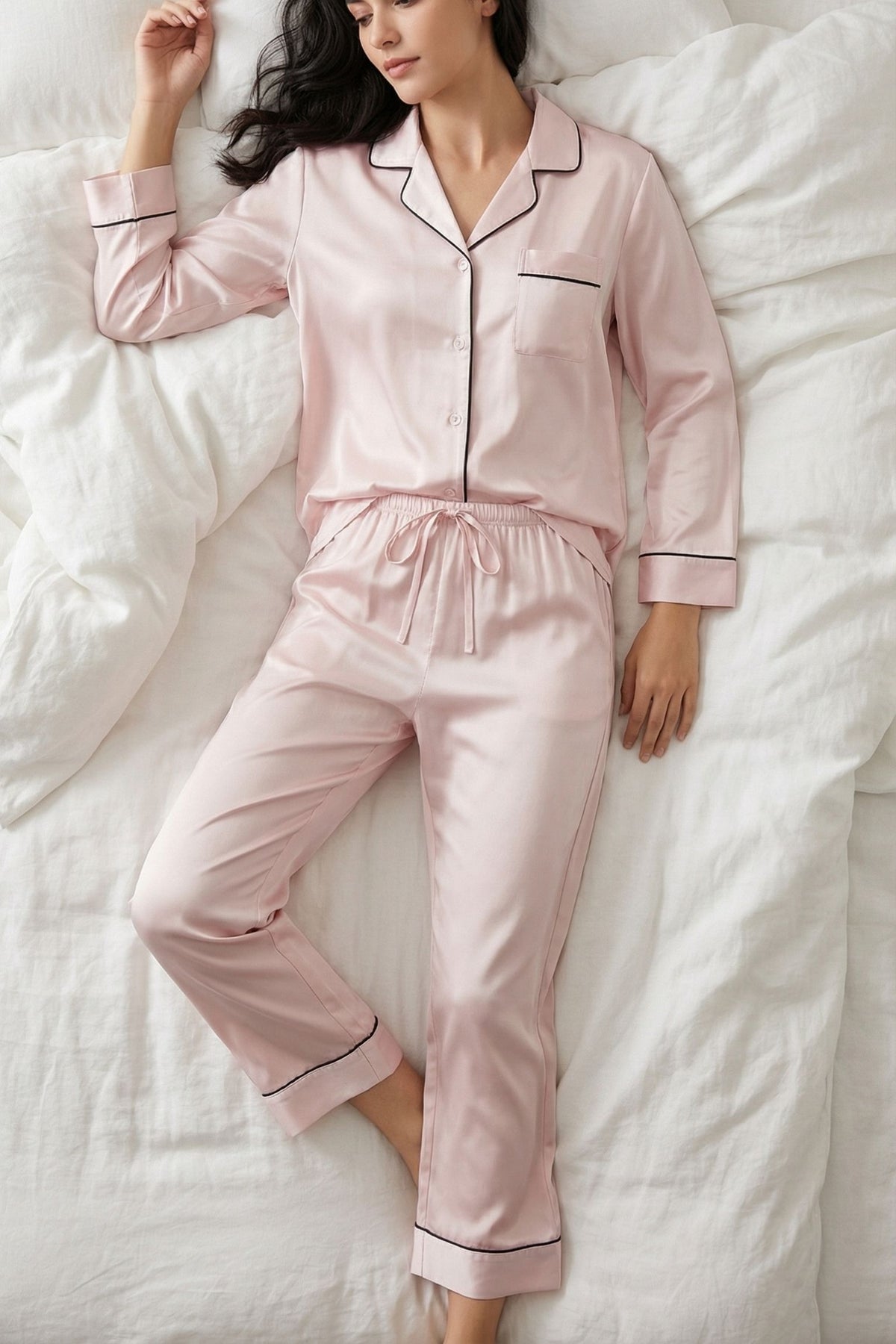 Pyjama en Soie de Mûrier Rose – Ensemble Long Classique
