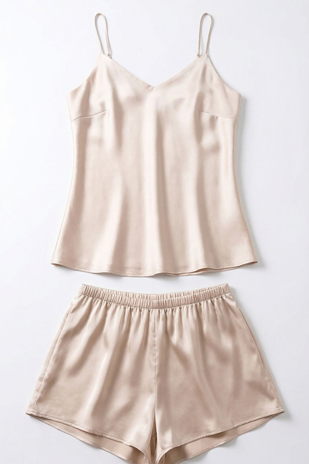 Nuisette en Soie de Mûrier avec Short Assorti Beige - Ensemble de Nuit