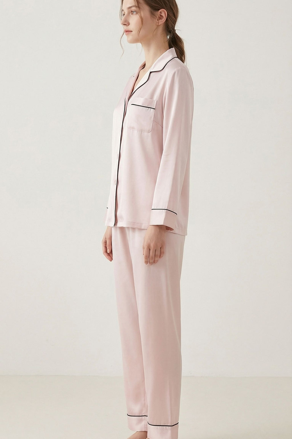 Pyjama en Soie de Mûrier Rose – Ensemble Long Classique
