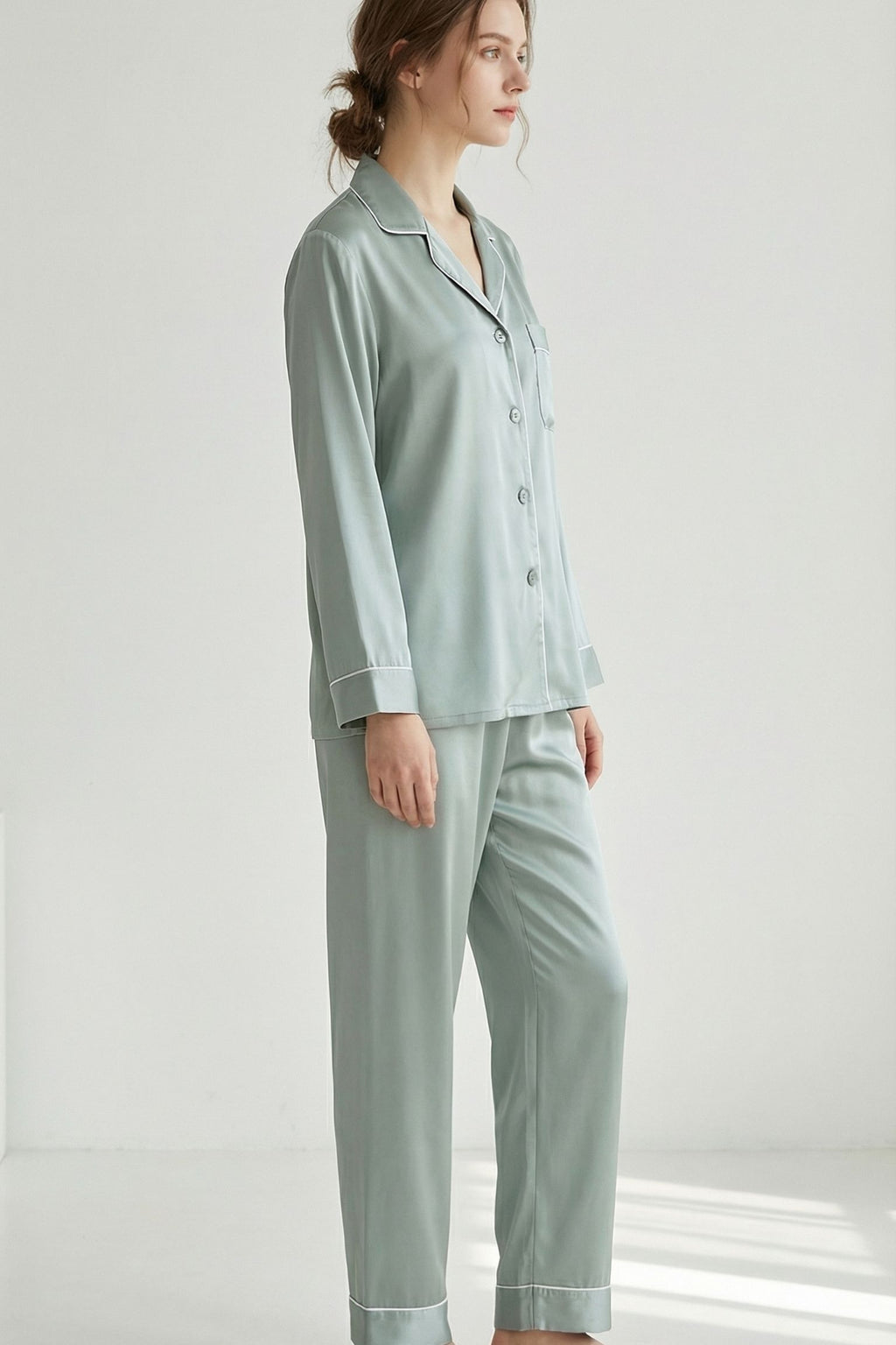 Pyjama en Soie de Mûrier Vert Menthe – Ensemble Long Classique