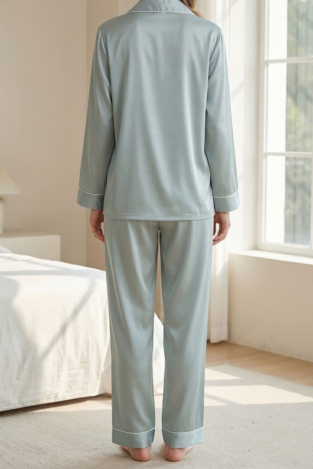 Pyjama en Soie de Mûrier Vert Menthe – Ensemble Long Classique