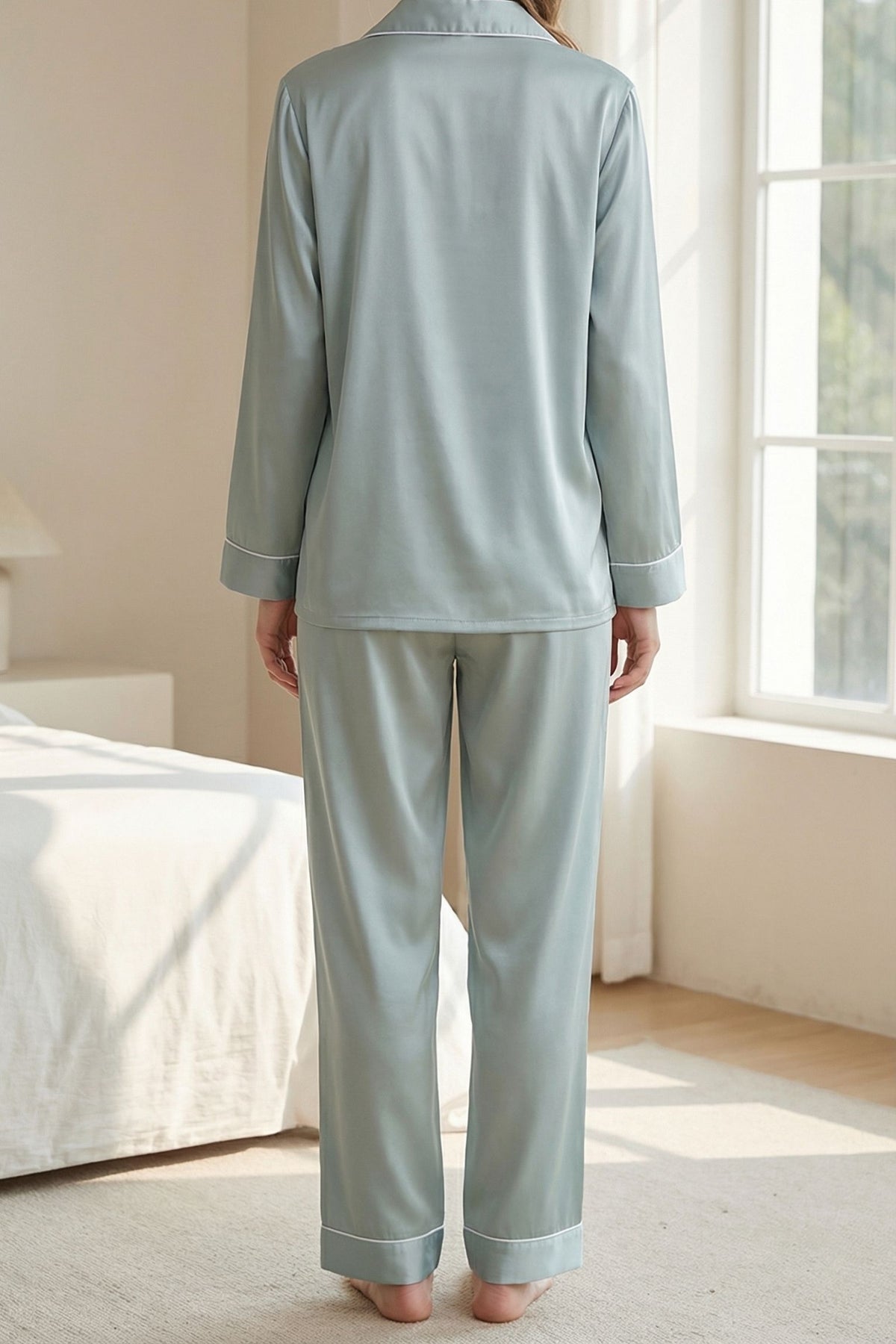 Pyjama en Soie de Mûrier Vert Menthe – Ensemble Long Classique