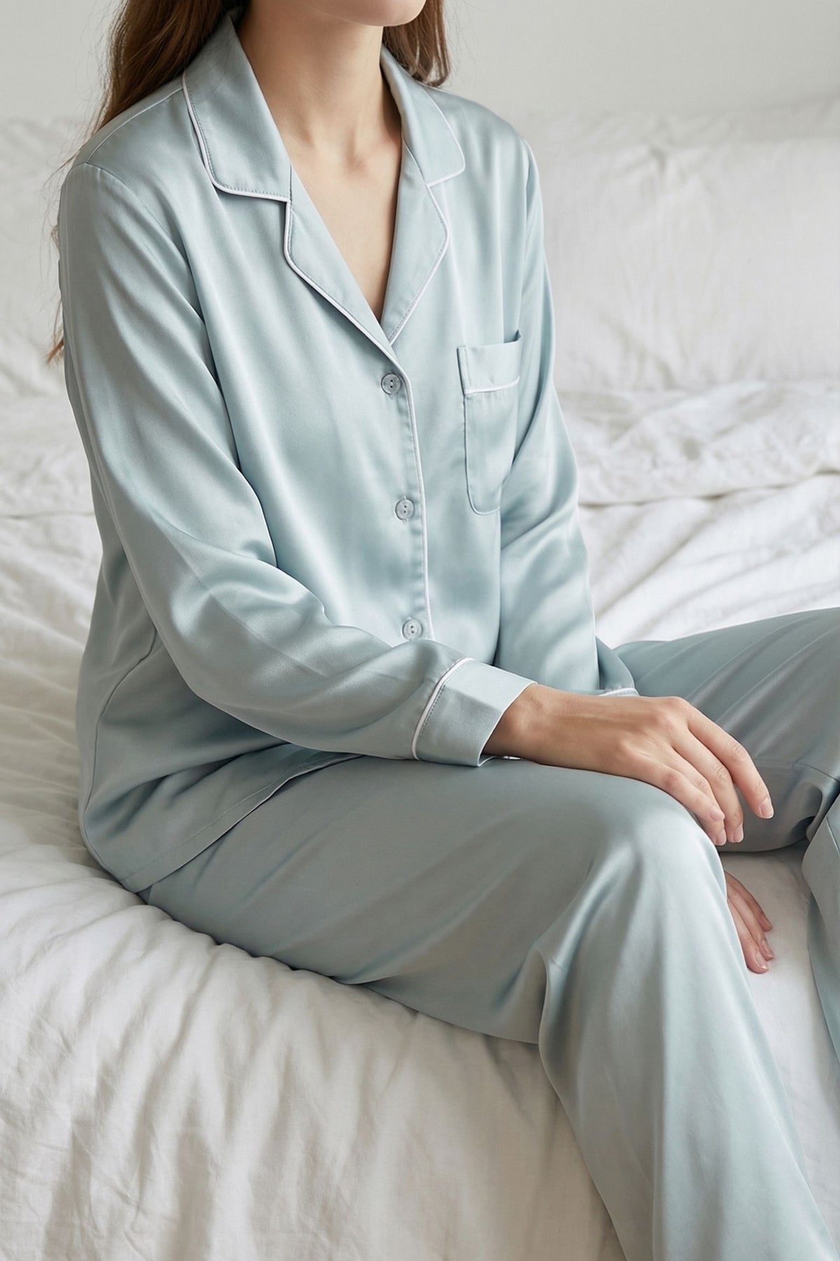 Pyjama en Soie de Mûrier Vert Menthe – Ensemble Long Classique