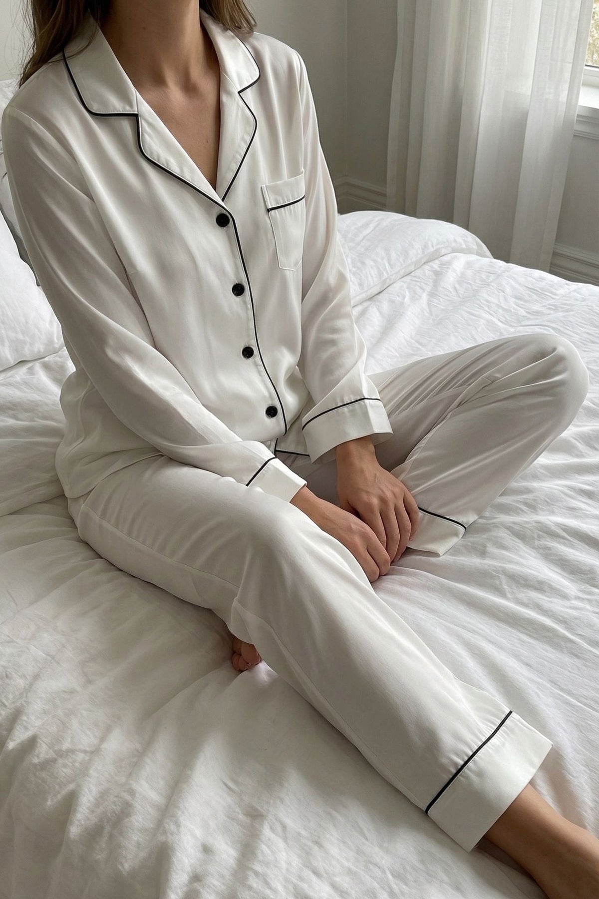 Pyjama en Soie de Mûrier avec Biais Contrasté Blanc | Ensemble de Nuit Luxe