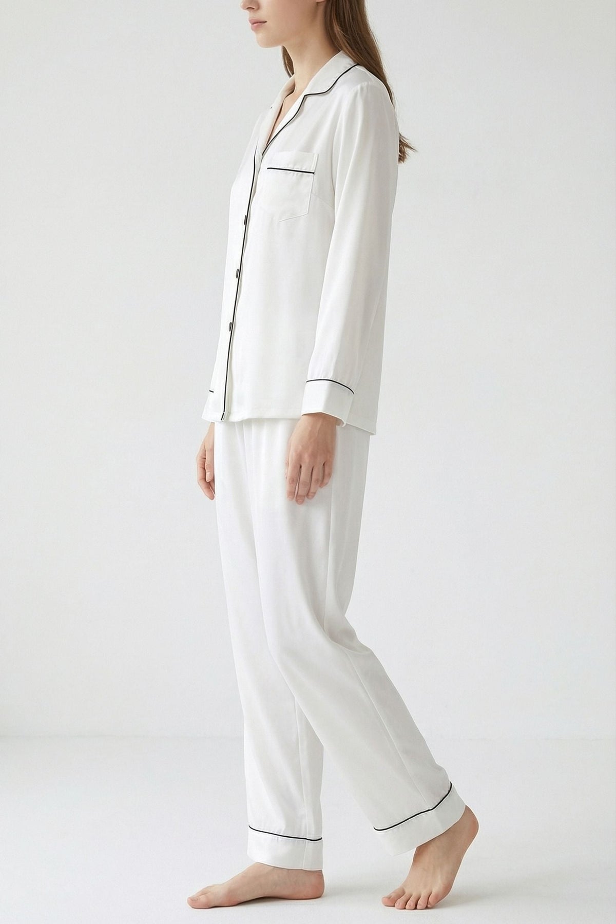 Pyjama en Soie de Mûrier avec Biais Contrasté Blanc | Ensemble de Nuit Luxe