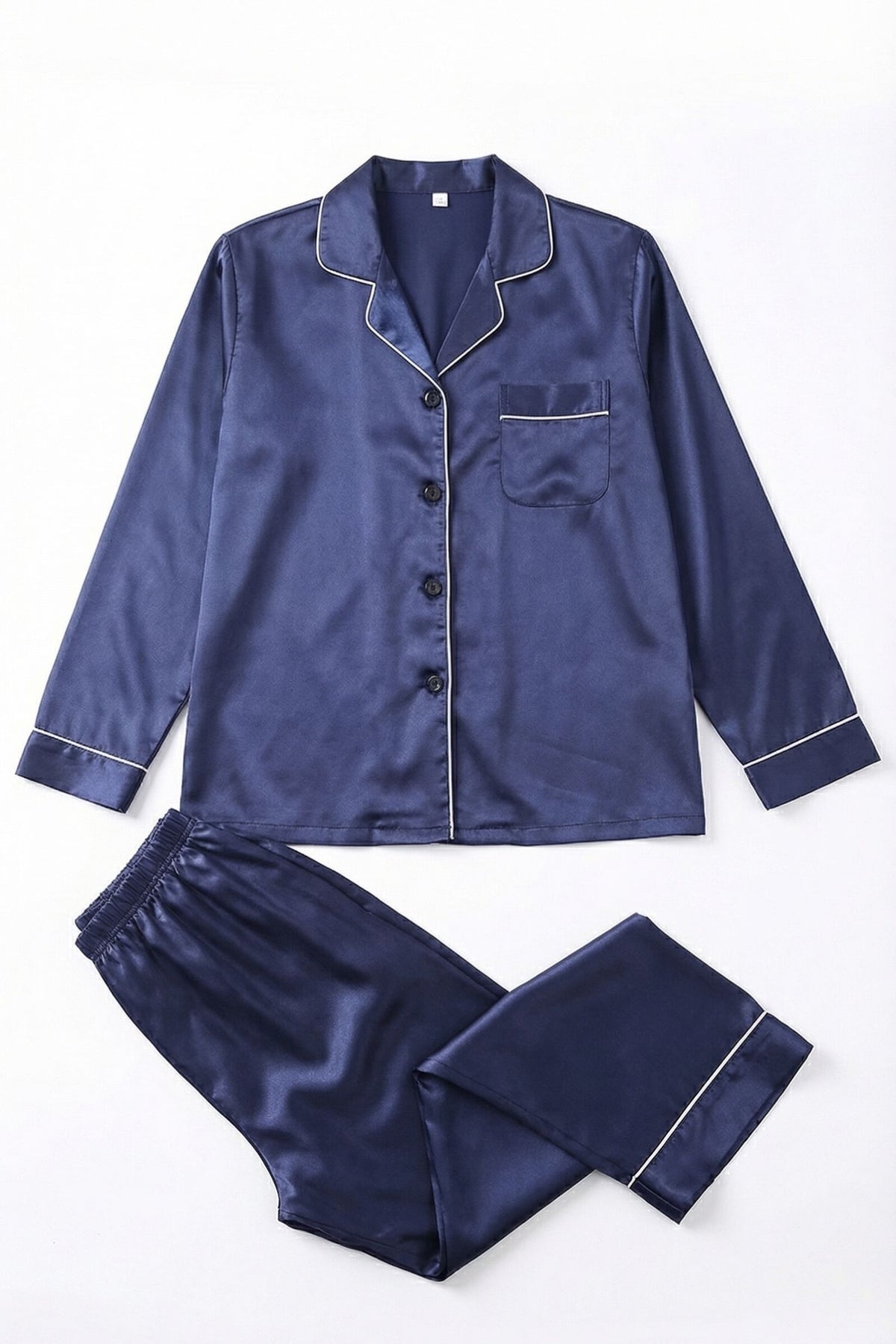 Pyjama en Soie de Mûrier avec Biais Contrasté Bleu Marin Ensemble de Nuit Luxe