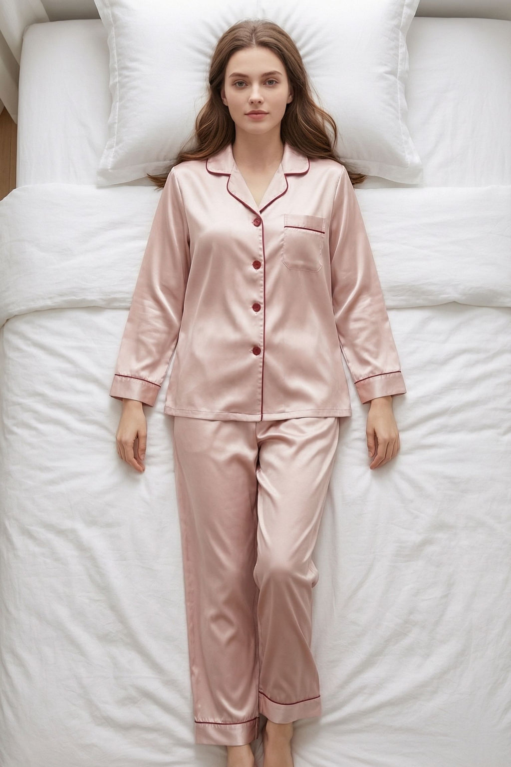 Pyjama en Soie de Mûrier avec Biais Contrasté Rose| Ensemble de Nuit Luxe