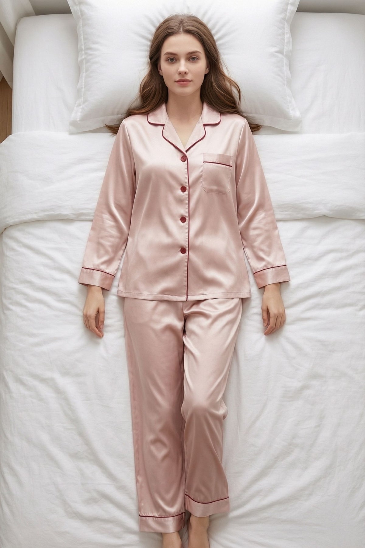 Pyjama en Soie de Mûrier avec Biais Contrasté Rose| Ensemble de Nuit Luxe