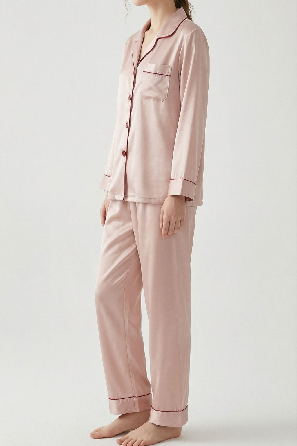Pyjama en Soie de Mûrier avec Biais Contrasté Rose| Ensemble de Nuit Luxe