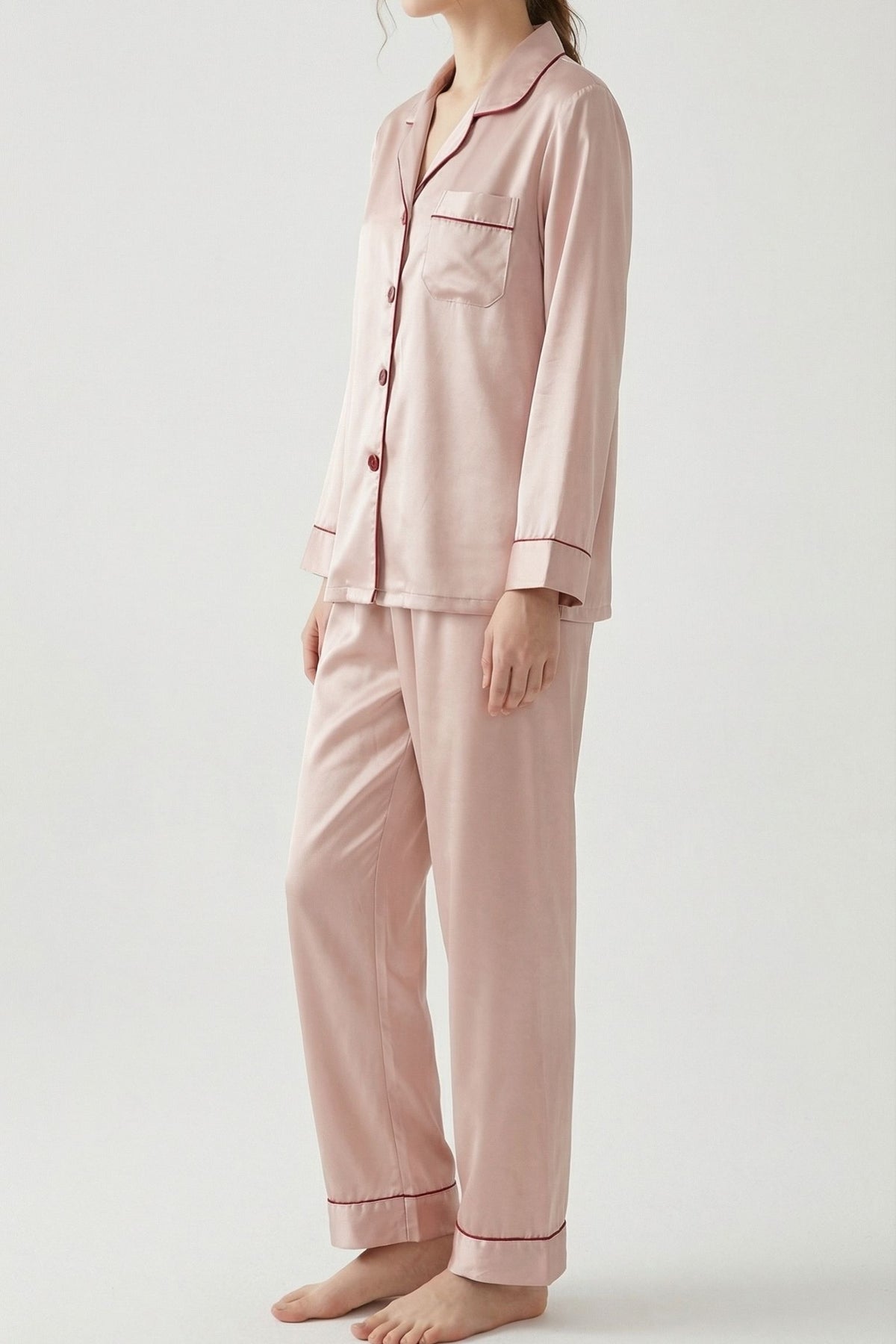 Pyjama en Soie de Mûrier avec Biais Contrasté Rose| Ensemble de Nuit Luxe