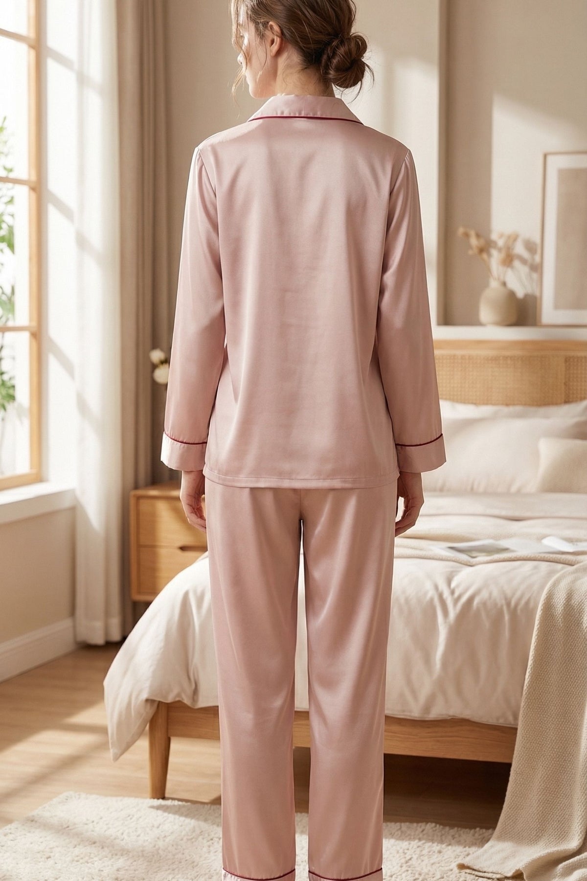 Pyjama en Soie de Mûrier avec Biais Contrasté Rose| Ensemble de Nuit Luxe